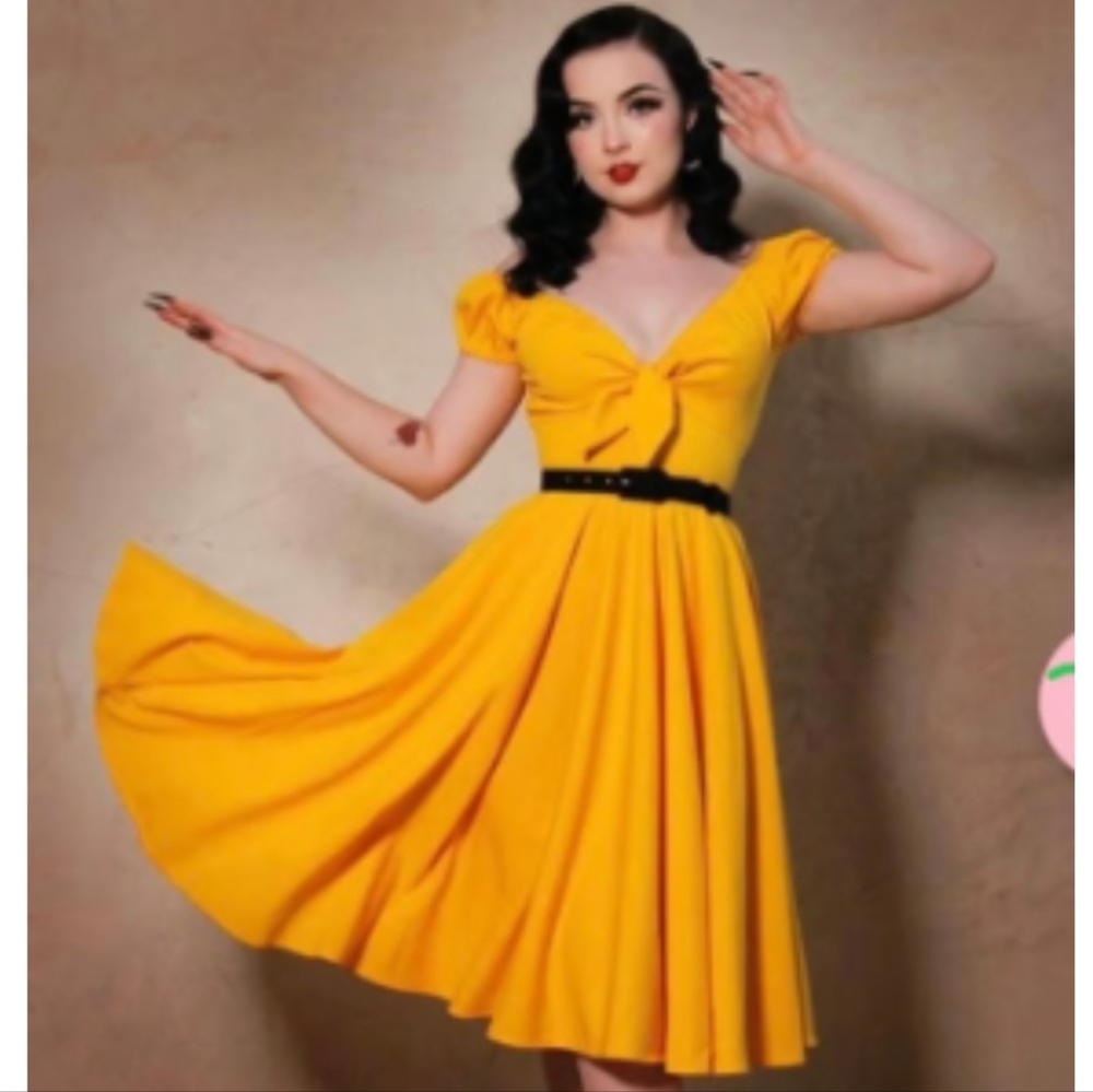 PUG Natalie Yellow Peasant Swing Dress Pinup Couture SMALL